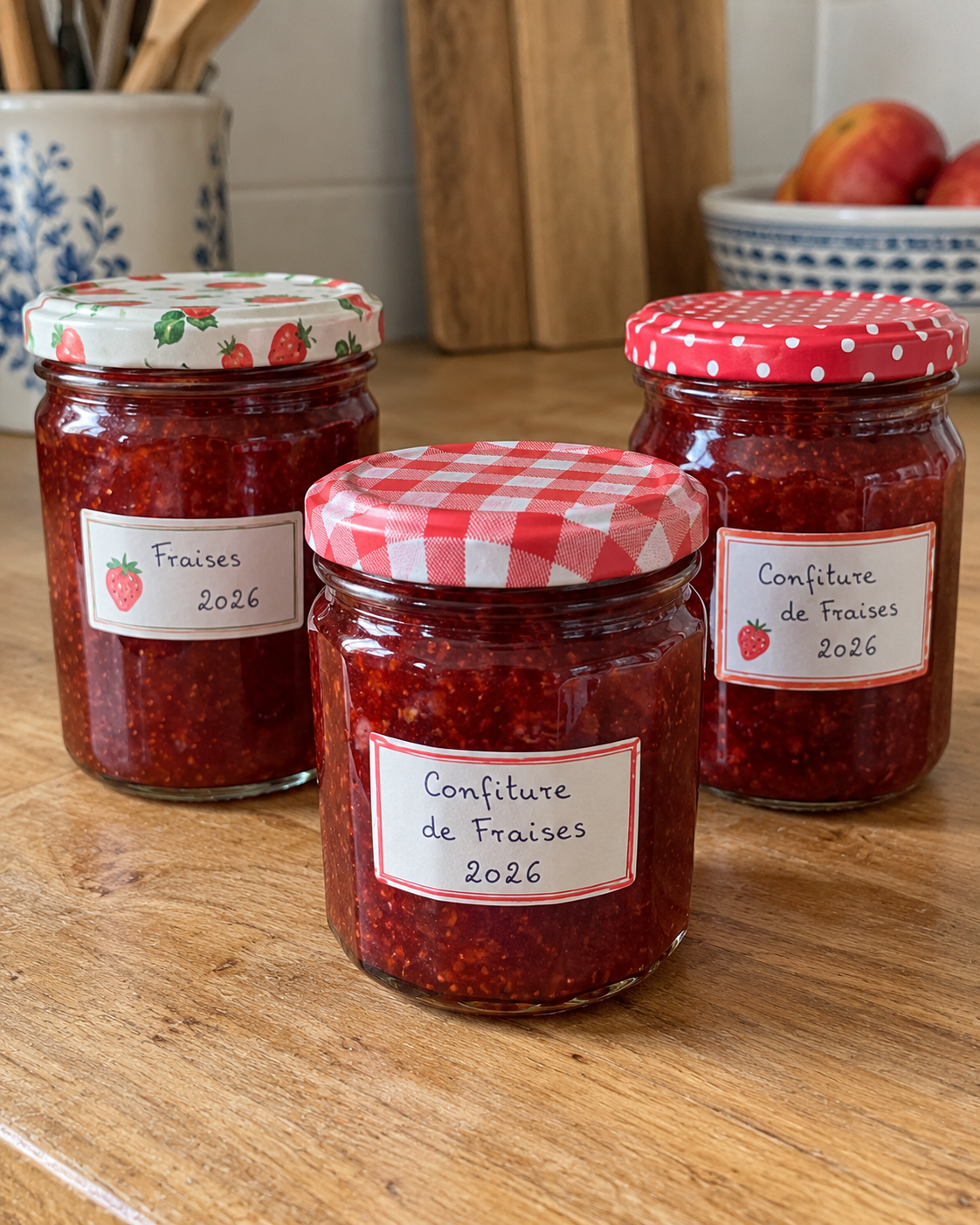 Pots de confitures de fraise maison